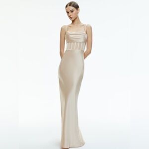 Alice + Olivia Valentina Satin Maxi Dress in Almond